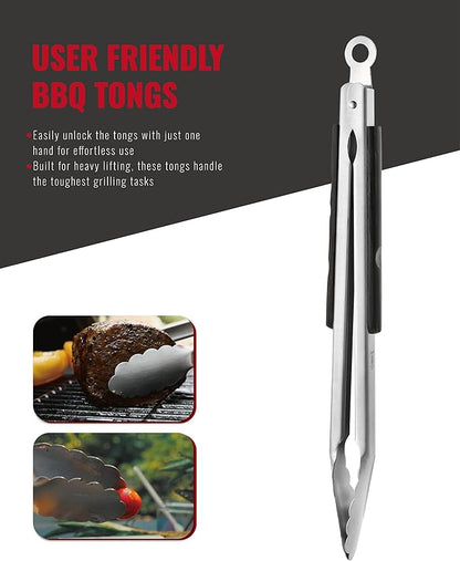 Stainless Steel BBQ Tool Set | Dark-Dyed Wood Handles | Heavy Duty Grilling Accessories | 3-Piece Outdoor Barbecue Grill Utensil Set with Spatula, Fork, and Tongs - Ideal Gift for Men…