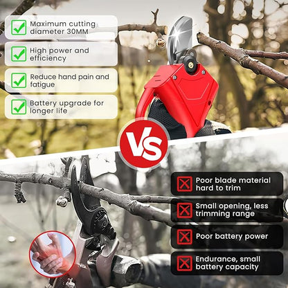 Electric Pruning Shears - Upgraded Safe design & 2pcs 21V 2000mAh Enhanced Battery, Electric pruner Use Alloy Blades, Pruning Diameter 25-35mm, Cordless pruner for Tree, Branch, and Grass Trimming