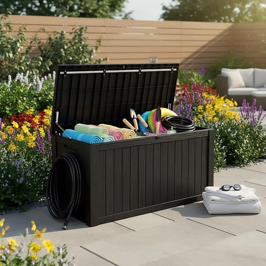 180 Gallon Resin Deck Box with Lockable Lid - Outdoor Waterproof Storage for Patio Furniture, Garden Tools, Cushions & Pool Accessories, All-Weather Wood Grain Design