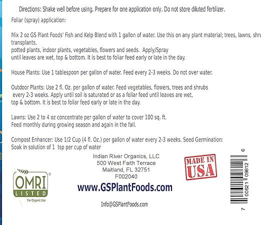 Omri Listed Fish & Kelp Fertilizer by GS Plant Foods (5 Gallons) - Organic Fertilizer for Vegetables, Trees, Lawns, Shrubs, Flowers, Seeds & Plants - Hydrolyzed Fish and Seaweed Blend (5 Gallon)