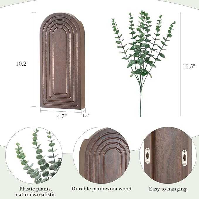 Dahey Wood Wall Vase Planter with Artificial Eucalyptus, 2 Pack Hanging Planter for Indoor Fake Plants Modern Boho Farmhouse Wall Art Decor for Bathroom Bedroom Kitchen Office Home Decoration, Brown