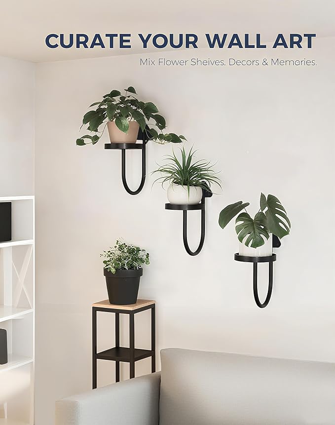 Wall Mounted Plant Holder , Yi Cheng Indoor Wall Plant Hanger with Shelves for Window Plants, Hanging Planters for Home Decor, Set of 3 Black Plant Wall Organizers
