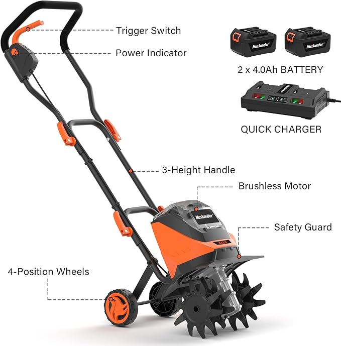 MAXLANDER Cordless Tiller Cultivator, 40V 12-Inch Brushless Battery Powered Garden Tiller with 4 Steel Tines, Powerful 280 RMP Rototiller, 2x4.0Ah Battery and Charger Included