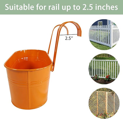 6 Pcs Railing Planter, 10" Metal Hanging Flower Pots for Outdoor Balcony Rails, Fence Pot Hanging Plant Holders with Detachable Hooks for Garden Patio Yard Decor (Multi-Color, 6Pcs)