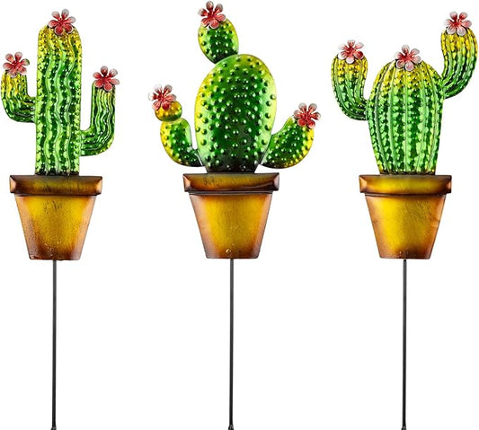 3 Pack Metal Garden Stakes, 24" H Cactus Garden Stakes for Spring Decor, Metal Yard Art for Outdoor & Outside Lawn Patio Pathway Decoration