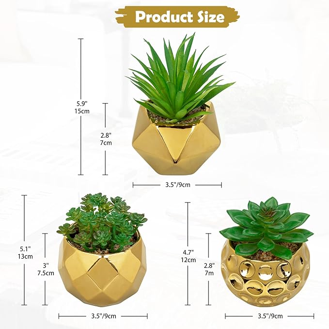 Briful Artificial Succulents Plants in Ceramic Pots, 3 Pack Faux Succulent Set with Gold Geometric Planters – Modern Desk Decor for Home Office Shelf Bathroom, Small Fake Plants Potted