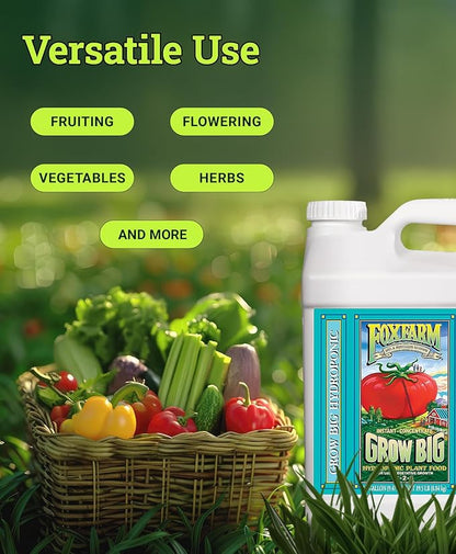FoxFarm Grow Big Hydro Liquid Fertilizer, Plant Food with Micro Nutrients for Hydroponic Systems - Enhances Vegetative Growth, Flowering, and Fruiting - pH Adjustable, NPK 3-2-6 (2.5 Gallons)