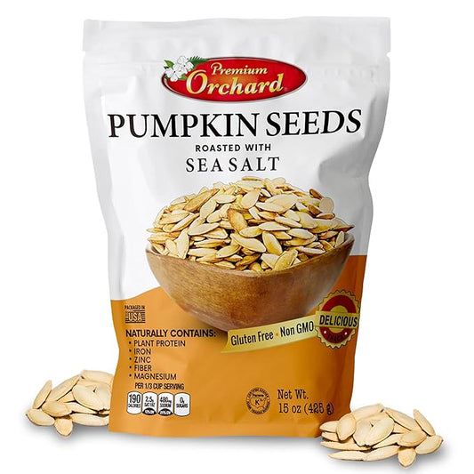 ROASTED PUMPKIN SEEDS to Eat in Shell by Premium Orchards MIXED NUTS - Salted with Sea Salt - Non-GMO Vegan Fresh Healthy Snacks/ - Great source of Plant Protein, Zinc, Magnesium & Iron - 1 Bag
