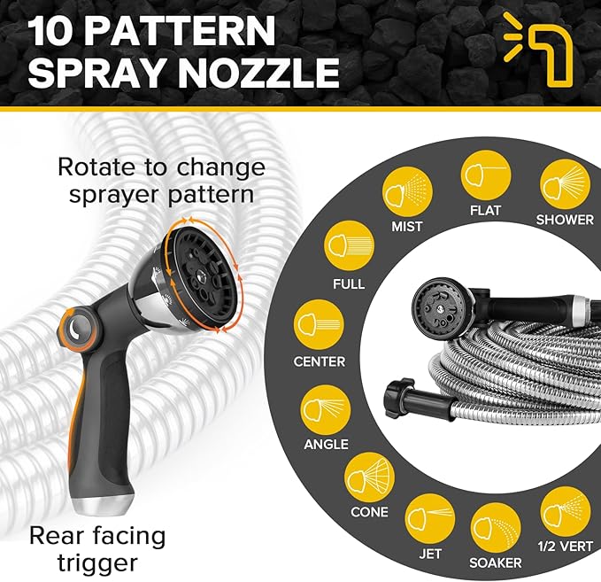 Metal Garden Hose Water Hose 100ft Heavy Duty Stainless Steel Water Pipe with Sprayer & Nozzle Flexible Lightweight Hose No Kink Pet Proof Hose for Yard, Outdoors, Rv