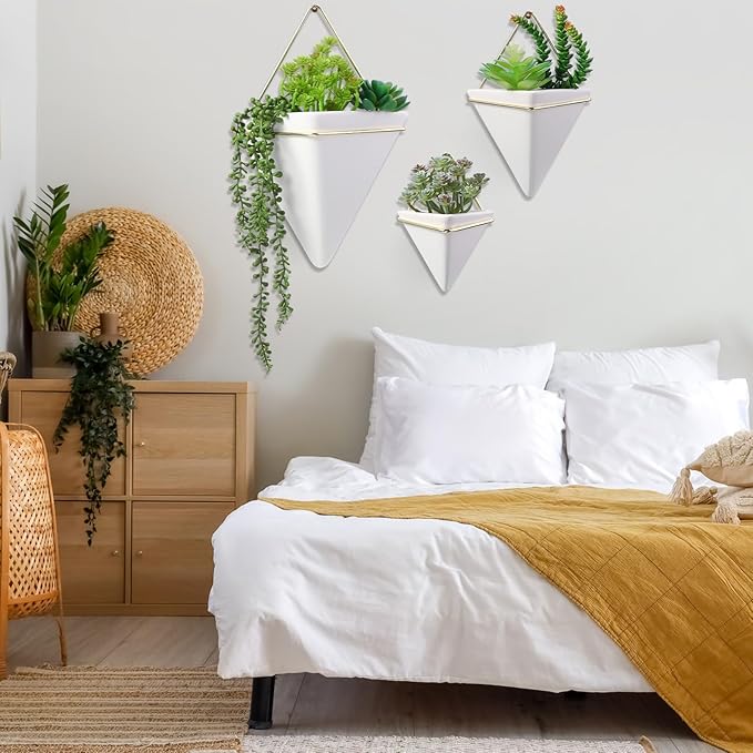 3 Sets Ceramic Wall Hanging Planters Indoor 3 Size Geometric Hanging Planters for Indoor Plants Self Watering Pots with Metal Holder for Air, Cactus, Faux Plants and Home Office Decor
