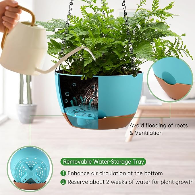 Set of 2 8 Inch Self Watering Hanging Planters for Indoor Outdoor Plants, Color Blocking Hanging Baskets Flower Pots with Drainage Hole & Removable Water-Storage Tray