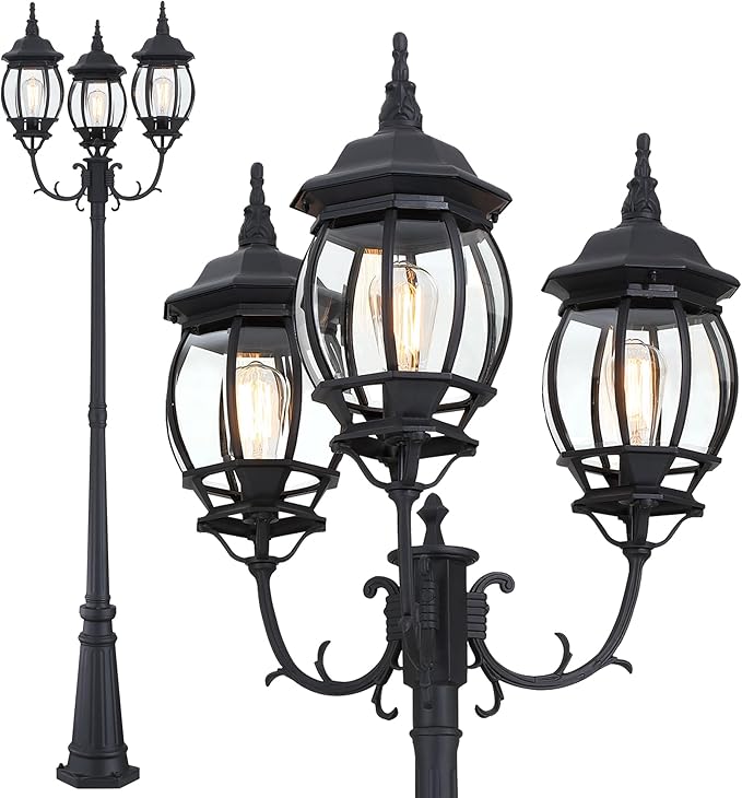 94 Inch 3-Light Post Lantern For Patio Lawn Pathway Triple-Head Post Light For Front Yard Outdoor Street Light 94” Exterior Pole Lights,Aluminium Alloy,Clear Glass Shade,E26(Bulbs Not Included)