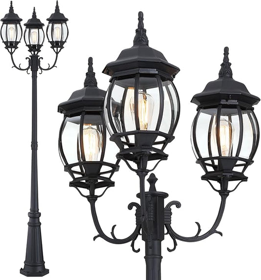 94 Inch 3-Light Post Lantern For Patio Lawn Pathway Triple-Head Post Light For Front Yard Outdoor Street Light 94” Exterior Pole Lights,Aluminium Alloy,Clear Glass Shade,E26(Bulbs Not Included)