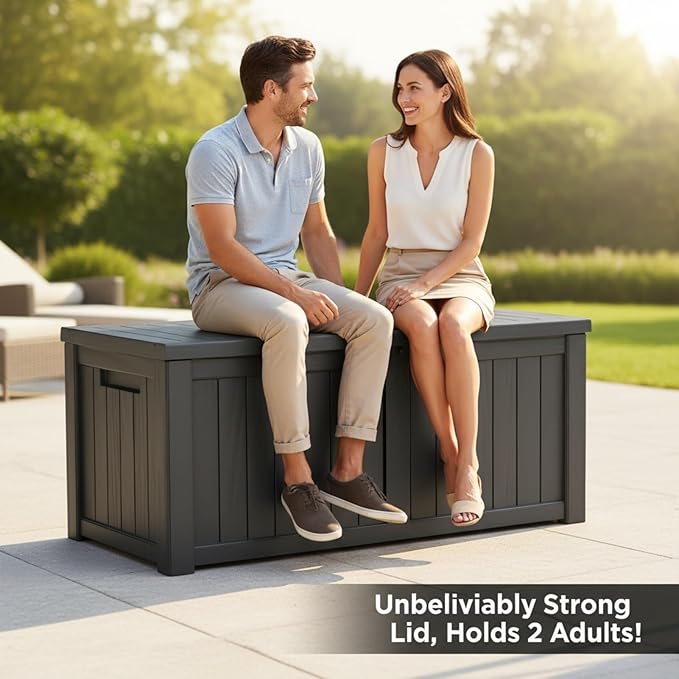 120 Gallon Resin Deck Box, Outdoor Storage Chest for Patio Furniture Cushions, Garden Tools, Pool Accessories | Lockable, Waterproof, All-Weather, Easy Assembly, Wood Grain Design