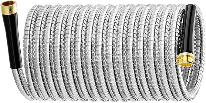 SPECILITE Stainless Steel Garden Water Hose 75 FT, Flexible and Lightweight Pipe, Non-Expandable Heavy Duty Metal Waterhose with Brass Fittings for Reel, Yard, Outdoor, Boat