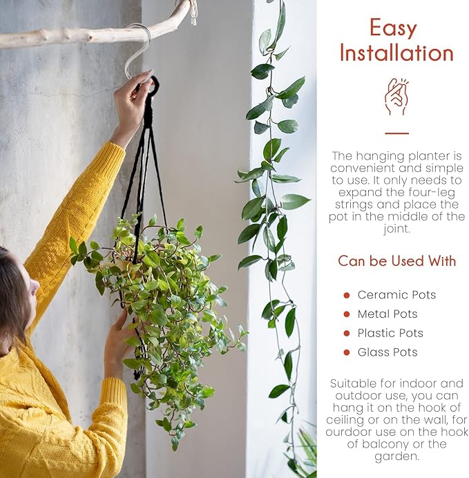 Feedee Macrame Plant Hangers - 6 Pack, Black, Indoor/Outdoor, Cotton