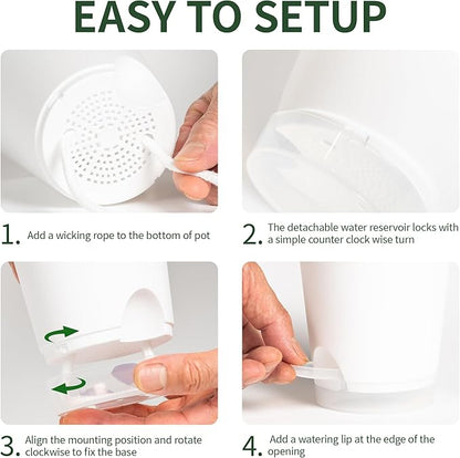 4 Inch 5 Pack Small Self Watering Pots for Indoor Plants, Nursery Pot with Drainage Holes and Saucers, Plastic Small Flower Planter for Succulent, Aloe, Cacti and More (White)