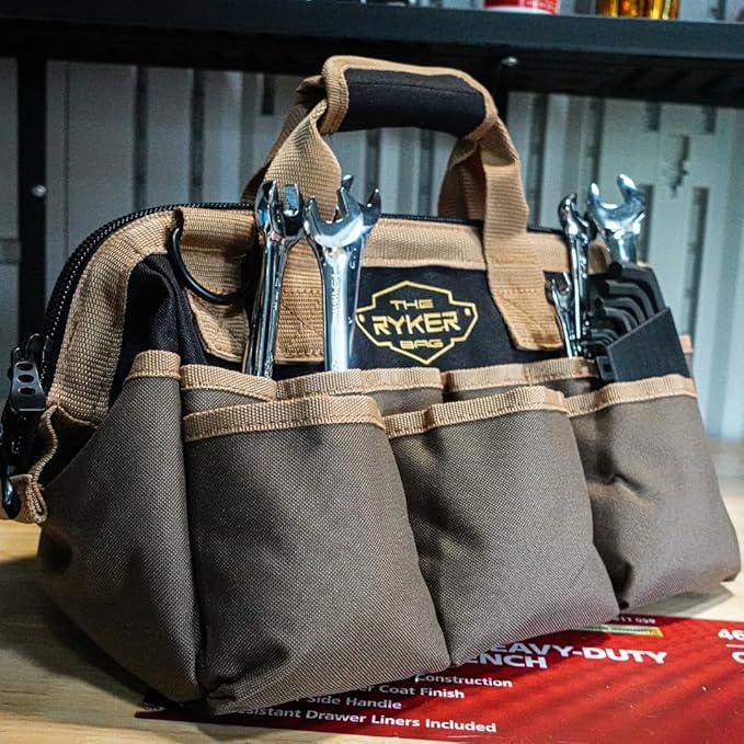 The Ryker Bag Personalized Name 14-inch Tool Bag Organizer gifts for him. Heavy Duty Tool Bags for Men/Women. Wide Mouth Tool Bag Small. 22 Pockets Toolbag mens gifts