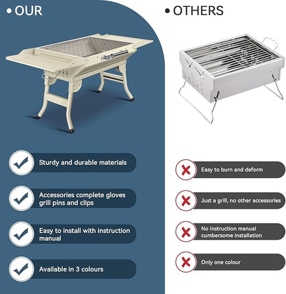 Portable Charcoal Grill Foldable Grills BBQ Grill Charcoal Small Grill for Travel, Camping, Outdoor Cooking, Backyard, Hiking, Patio Garden, Picnics,Beige