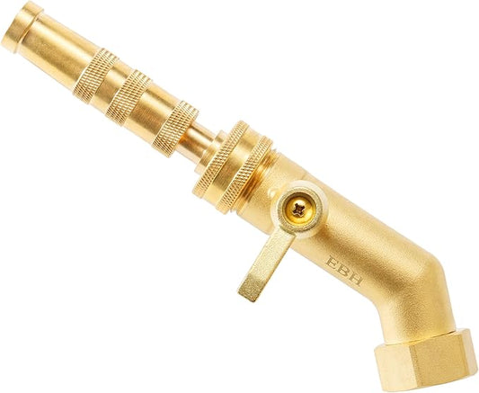 EBH Adjustable Heavy Duty Brass Garden Hose Nozzle - High Pressure Jet Nozzle, 135° Elbow and Comfort Grip with Hose Shut Off Valve, 3/4” GHT Nozzle for Garden Hoses and Car Washes