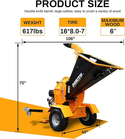 6" Gas Powered Wood Chipper 420cc 15HP Gasoline Engine Leaf Branch Shredder Mulcher Heavy Duty Woodchipper Multi-Function with Towbar & Stop Bar