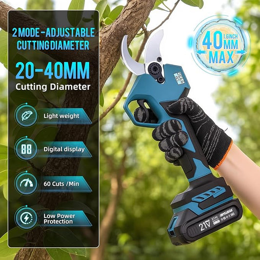 21V Brushless Electric Pruning Shears, 1.6-Inch Cutting Cordless Power Pruner with 2x2.0Ah Battery & 3 SK5 Blades, 2.4" Max Opening Garden Shears for Tree Trimming and Fruit Harvesting