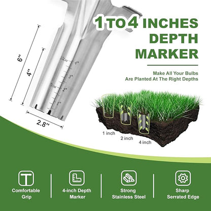 Long Handled Bulb Planter Tool, 37'' Bend-Proof Stainless Steel Bulb Planter, 4'' Depth Marks Long Handled Hole Digger, Bulb Planter with Comfortable T-Shaped Long Wood Handle for Planting Tulips