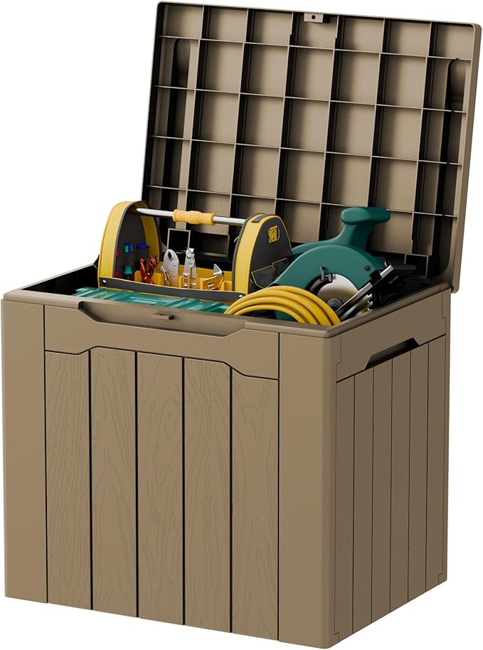 32 Gallon Deck Box Outdoor Indoor Waterproof Storage Box for Patio Furniture, Pool Accessories, Garden Tools, and Cushion Storage, Coffee