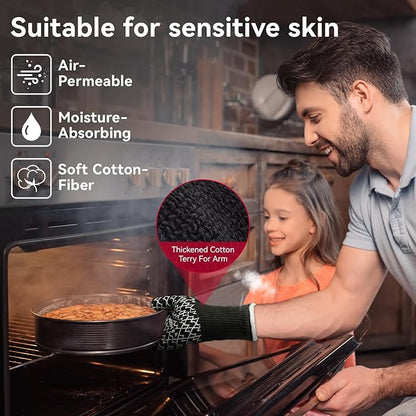 HandLove BBQ Gloves, Oven Gloves with Fingers – Heat Resistant Gloves for Grilling | Silicone Grip, Long Cuff Mitts - Kitchen & Outdoor Barbecue, Cooking, Baking, Black,L