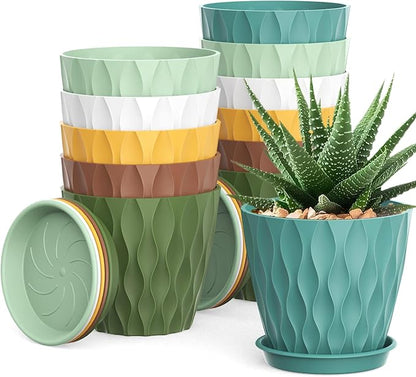 4 Inch Small Pots for Plants, 12 Pack Waffle Texture Small Plant Pots for Succulents, Plastic Planter with Drainage Holes and Saucers for Indoor Outdoor Plants, Flowers, Herbs, Seedlings, Colorful
