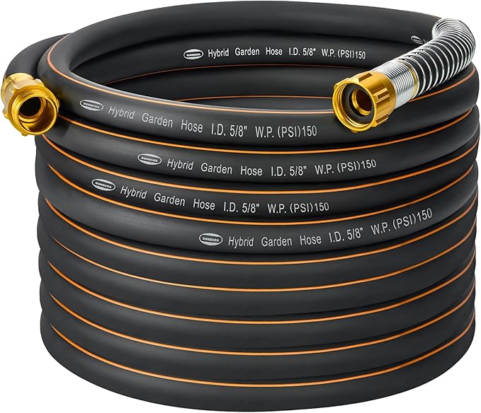 5/8 in. × 50 ft. Flexible Hybrid Rubber Garden Hose, High Flow 5/8" I.D. No Memory Durable Lightweight Water Hose for Watering, Irrigation, Water Transfer Pump
