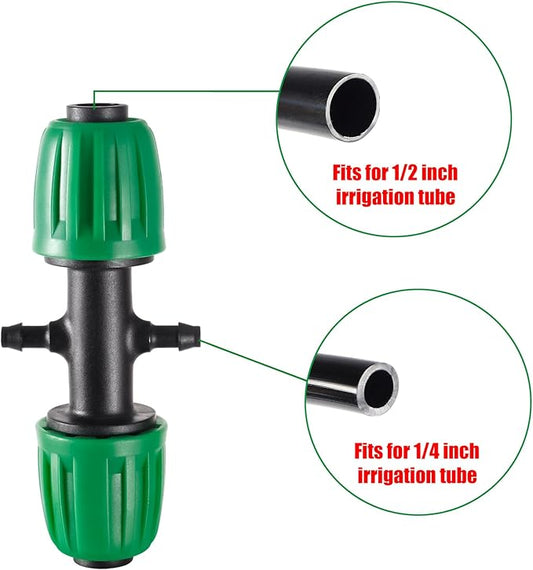10 Pcs 1/2" to 1/4" Barbed Tee Connector, 1/2 Inch to 1/4 Inch Drip Irrigation Fittings Drip Line Reducer Tee Connectors 1/2" to 1/4" 4-Way Splitter Connectors for Garden Drip Irrigation System