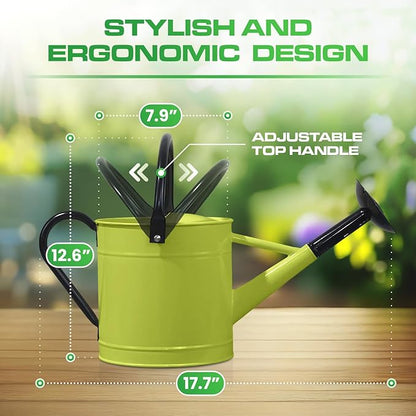 Plexon 1 Gallon Metal Watering Can Outdoor, Flower Plant Gardening Garden Large Watering Can Pot, Black Galvanized Steel Handles and Removable Spray Spout, Green