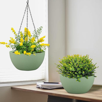 12 inch Large Hanging Planters Plant Pots for Indoor Outdoor Plants, 2 Pack Hanging Flower Pots with Drainage Holes and Chain for Garden Porch, Plastic Hanging Baskets for House Plants, Green