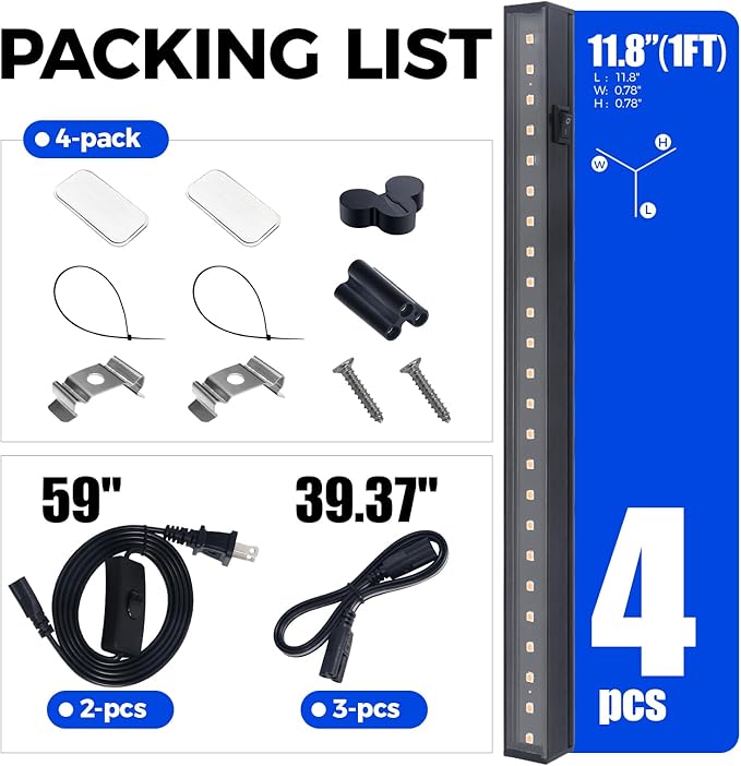 Barrina Grow Lights for Indoor Plants, Full Spectrum Sunlight, Black Cover LED Grow Light Bulbs, T5 Grow Light Strip, 1ft Plant Light for Indoor Plants Growing, 3 Mounting Modes, Yellow, 4 Packs