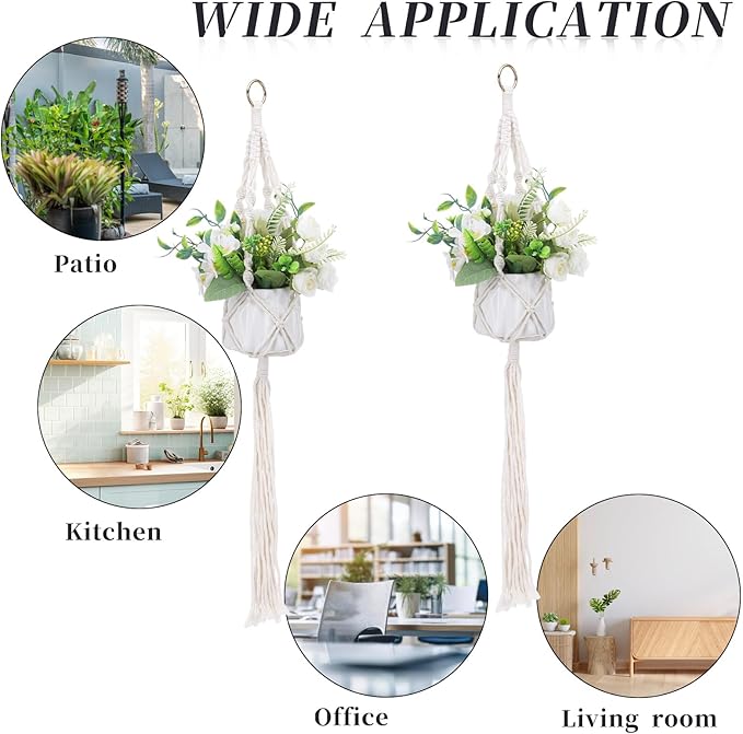 Macrame Plant Hanger, 2 Pack Boho Hanging Planters Baskets with Hooks, Crochet Braided Cotton Rope Flower Pot Holder for Indoor Outdoor Home Decor, No Tassels, Ivory, 20 Inches