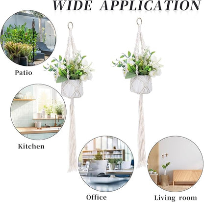 Macrame Plant Hanger, 2 Pack Boho Hanging Planters Baskets with Hooks, Crochet Braided Cotton Rope Flower Pot Holder for Indoor Outdoor Home Decor, No Tassels, Ivory, 20 Inches