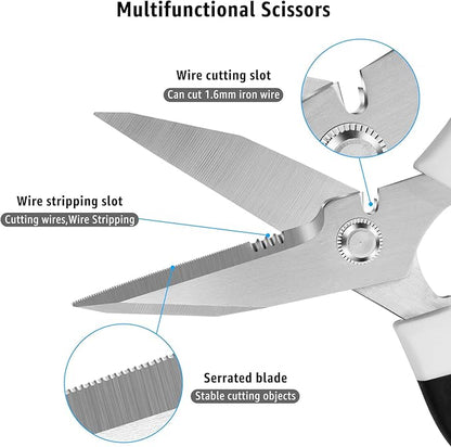 8-Inch Utility Scissors All Purpose Heavy Duty, Serrated Blade, White Comfort Grip for Cutting Carpet, Cardboard, Leather, Fabric, Multipurpose Sharp Shears for Kitchen, Garden, Office, Carft