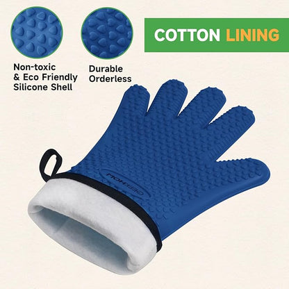 GEEKHOM BBQ Gloves Heat Resistant Oven Mitts - Silicone Grilling Gloves with 13.7" Arm Protection - Waterproof Pot Holder Non-Slip for Men & Women, Kitchen Outdoor Cooking, Baking, Camping, Royal Blue