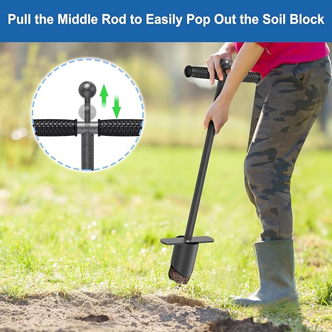 BeneLabel Hand Held Grass Plugger Tool with Push Pull Long Handle Lawn Plug Tool with Soft Rubber Grip Garden Bulb Planter for Digging Holes, Planting, Lawn Repair and Transplant Seedling