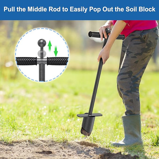 BeneLabel Hand Held Grass Plugger Tool with Push Pull Long Handle Lawn Plug Tool with Soft Rubber Grip Garden Bulb Planter for Digging Holes, Planting, Lawn Repair and Transplant Seedling