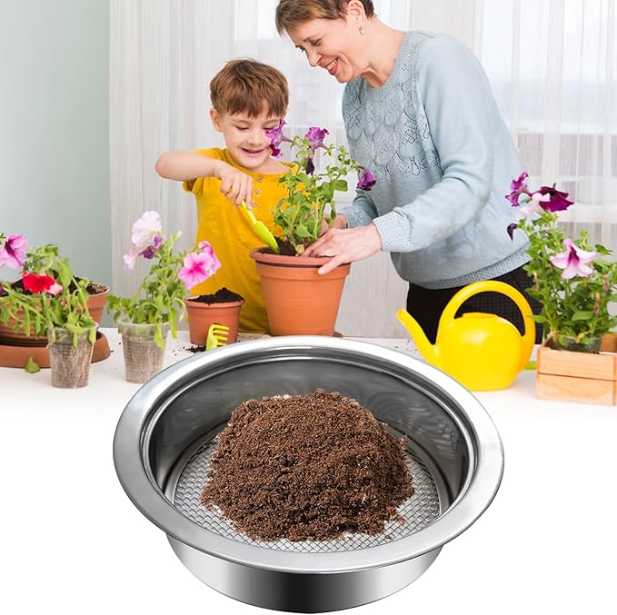 Soil Dirt Sifter for Gardening with 3pcs Interchangeable Mesh(3,6,9mm), Stainless Stackable Sifting Pan Soil Sand Rock Sieve for Dirt, Sand, Rock, Filtration, Compost with Soil Scoops (silver2)