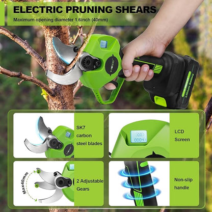 Electric Pruning Shears Cordless,1.6" Diameter Battery Powered Pruning Shears with LCD Display, 900W Brushless Motor Cordless Pruner, Power Scissors for Gardening with 2Pcs 2000mAh Battery