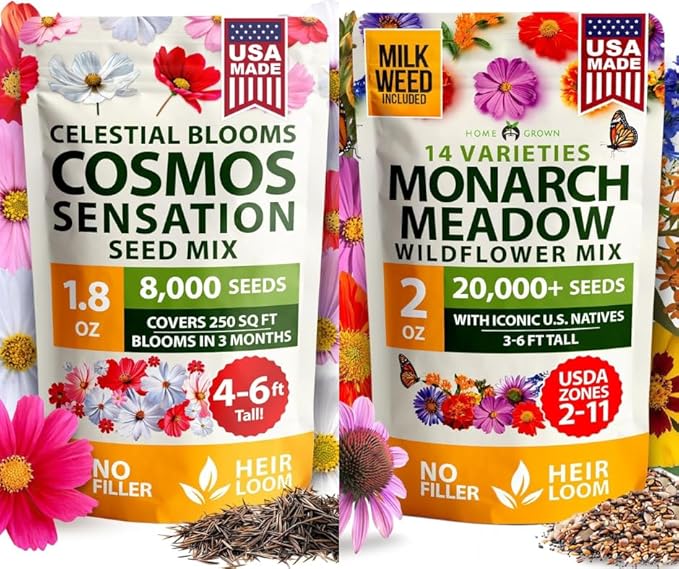 HOME GROWN Cosmos Flower Seeds 8,000 & Premium Monarch Butterfly Wildflower Seeds Mix 20000