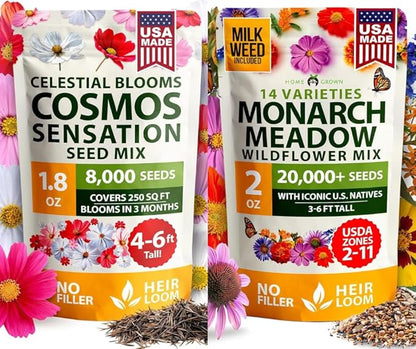 HOME GROWN Cosmos Flower Seeds 8,000 & Premium Monarch Butterfly Wildflower Seeds Mix 20000