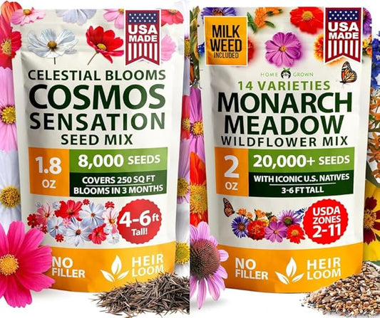 HOME GROWN Cosmos Flower Seeds 8,000 & Premium Monarch Butterfly Wildflower Seeds Mix 20000