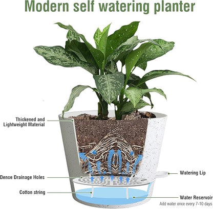 12 inch Large Self Watering Pots, Plant Pots with Mesh Drainage Holes for Indoor Outdoor Plants, Plastic Planters with Deep Reservoir for Garden House Flower Plants, Speckled White