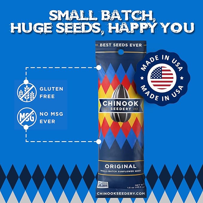 Chinook Seedery Low Sodium Sunflower Seeds – Original Flavor, Pack of 36, 1.5oz – Sunflower Seeds to Eat – Keto, Jumbo, Roasted, Baseball Snacks