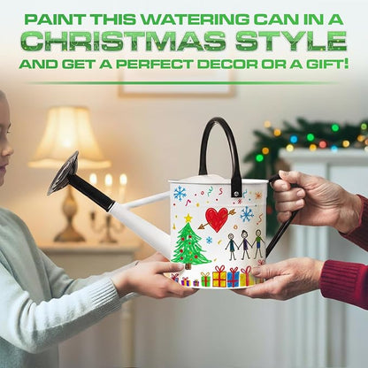 Plexon 1 Gallon Metal Watering Can Outdoor, Flower Plant Gardening Garden Large Watering Can Pot, Black Galvanized Steel Handles and Removable Spray Spout, White