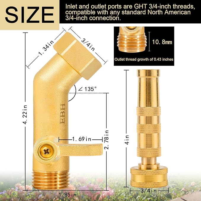 EBH Adjustable Heavy Duty Brass Garden Hose Nozzle - High Pressure Jet Nozzle, 135° Elbow and Comfort Grip with Hose Shut Off Valve, 3/4” GHT Nozzle for Garden Hoses and Car Washes